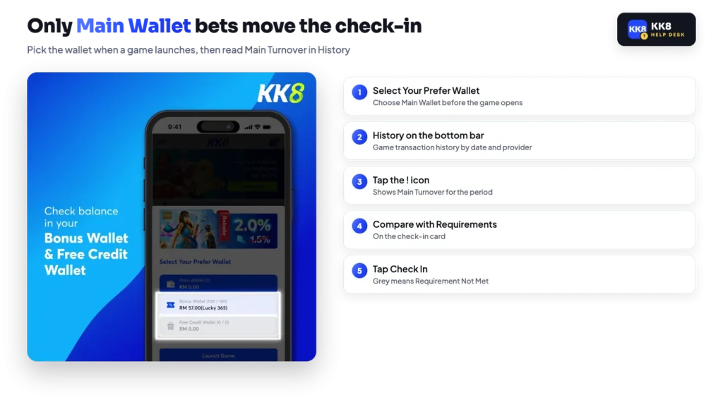 KK8 Select Your Prefer Wallet screen and the steps to read Main Turnover in History before checking in