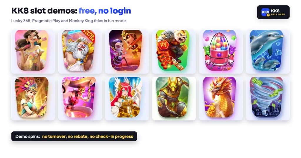 Free KK8 slot demos of Lucky 365, Pragmatic Play and Monkey King titles such as Pinata Wins, Gates of Olympus Super Scatter and Dolphin Reef