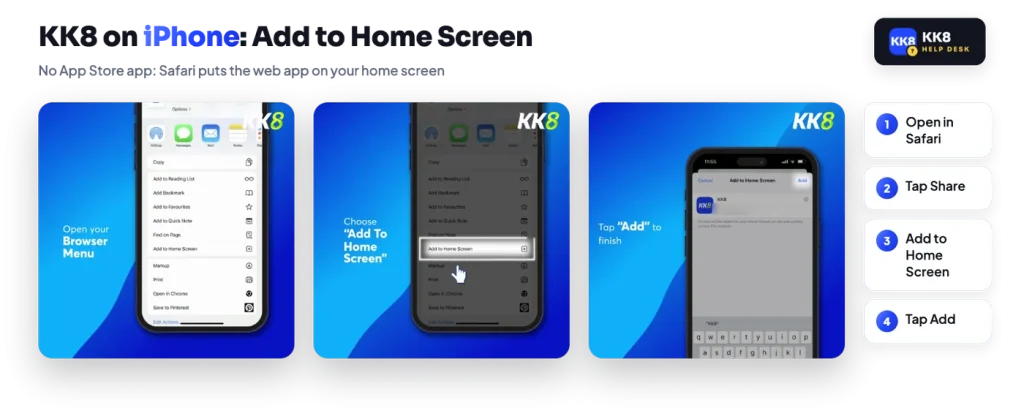 KK8 on iPhone: Safari Share menu, Add to Home Screen, then Add