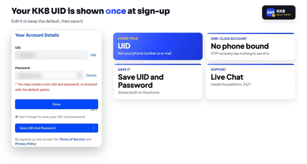 KK8 account details screen with the UID and password fields, Edit, Done and Save UID and Password